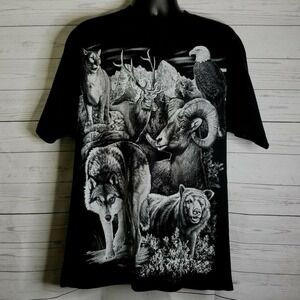 Graphic Tee Wild Aminals Men's XL All Over Design Black Gray Short Sleeve Tultex